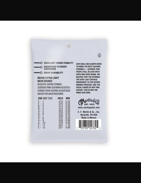 Martin MA180 Extra Light 80/20 Bronze 12 Strings Muta Corde Chitarra Folk