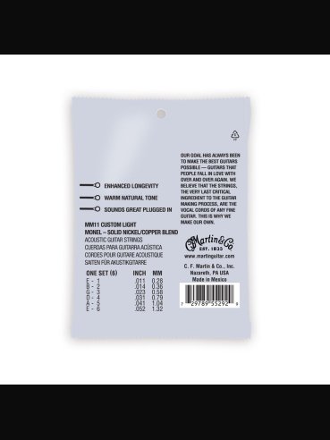Martin MM11 Retro filo Monel Custom Light 011-052 Muta Corde Chitarra Folk