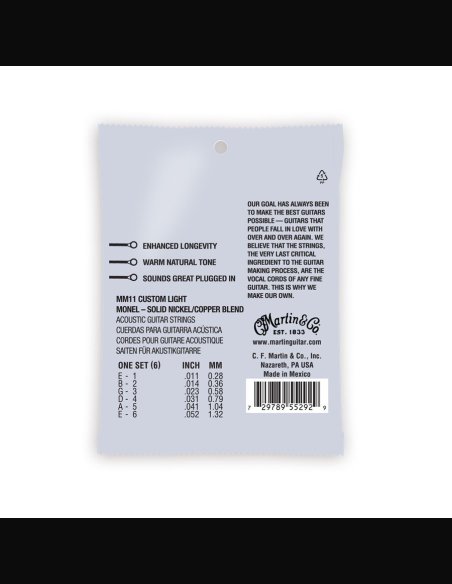 Martin MM11 Retro filo Monel Custom Light 011-052 Muta Corde Chitarra Folk