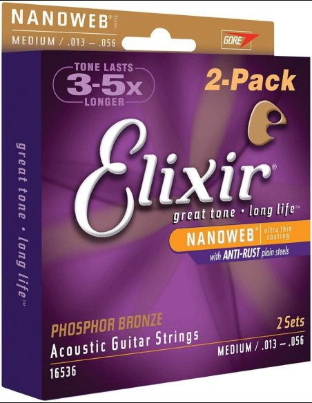 Elixir Pack 2 Mute 16536 Phosphor Bronze 013-056 Chitarra Folk