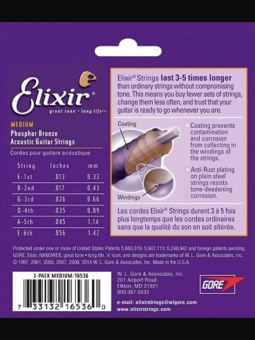 Elixir Pack 2 Mute 16536 Phosphor Bronze 013-056 Chitarra Folk