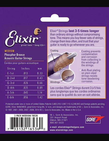 Elixir Pack 2 Mute 16536 Phosphor Bronze 013-056 Chitarra Folk